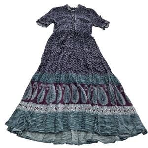 eShakti Dress Womens 6 Purple Blue Boho Paisley Maxi Rayon Cotton India Printed